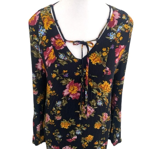 Natural Life Boho Long Bell Sleeve Side Slit Rayon Black Floral Maxi Dress - Picture 3 of 13